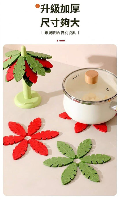 4片一套！椰子樹矽膠隔熱墊（附收納架）加厚耐高溫 保護桌面 超大尺寸 手機支架功能｜廚房防燙鍋墊 杯墊 碗墊 砂鍋墊 盤墊 桌面裝飾擺件 創意可折疊餐桌墊 瀝水餐墊 家居客廳餐桌墊子（綠色款）- View 4-ManyMart 萬嚟買
