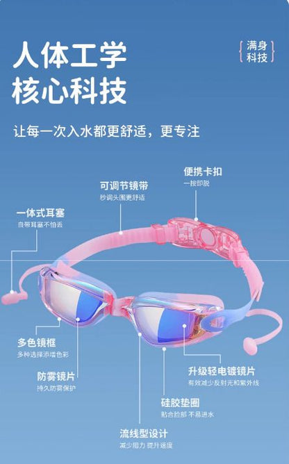 【耳塞泳鏡一體式】兒童泳鏡 防霧 防水 高清 電鍍 大框 男童女童 游泳眼鏡 連耳塞 （幻彩奶油粉）- View 2-ManyMart 萬嚟買