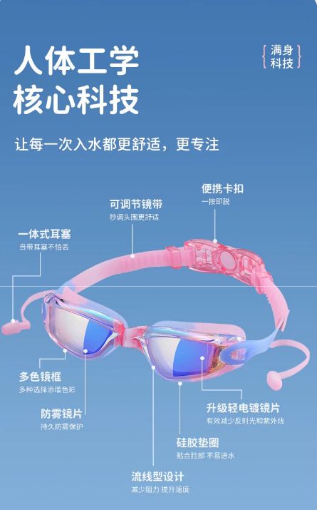 【耳塞泳鏡一體式】兒童泳鏡 防霧 防水 高清 電鍍 大框 男童女童 游泳眼鏡 連耳塞 （幻彩奶油粉）- View 2-ManyMart 萬嚟買