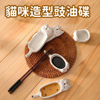 （短腿貓）貓咪造型豉油碟 可愛貓咪調味碟 家用陶瓷蘸料碟 創意貓咪調料碟/筷子架 可愛貓咪味碟- View 1-ManyMart 萬嚟買