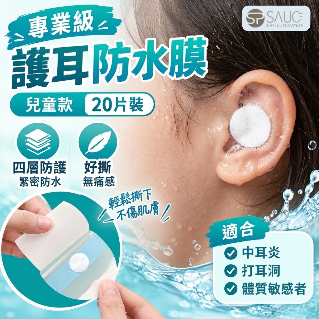專業級防進水！全耳保護防水膜（20片裝）四層結構保護 打耳洞／中耳炎／過敏防護 易撕無痛｜浮潛洗頭泡溫泉 游泳游水沖涼防手術發炎染頭髮染髮用 耳朵防進水神器 旅行游泳耳塞 護耳膜貼 棉花球（兒童款）- View 1-ManyMart 萬嚟買