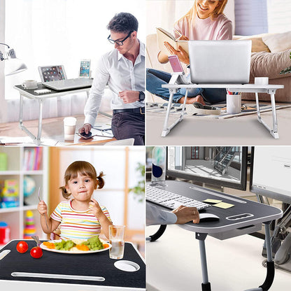 (60X40X28cm-Black) Foldable Computer Study Table Anti-slip Card Slot + Cup Slot + Handle + Drawer Table Monitor Shelf