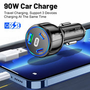 三合一双线路车载充电器90W快充一拖黑色车用充电器