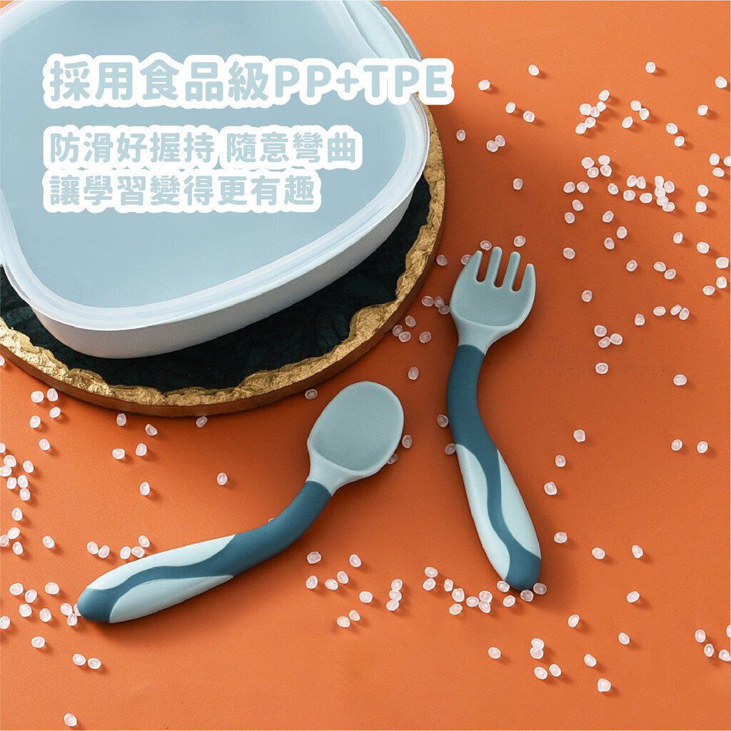 寶寶學習餐具 可彎曲 兒童餐具 防滑 彎曲湯匙 寶寶湯匙 兒童 訓練 餐具 扭扭 湯匙組 寶寶餐具大眼小怪獸嬰兒喂養訓練彎頭扭扭勺叉子套裝可彎曲訓練勺 匙羹- View 3-ManyMart 萬嚟買