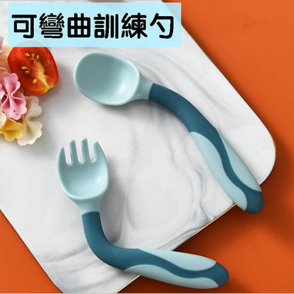 寶寶學習餐具 可彎曲 兒童餐具 防滑 彎曲湯匙 寶寶湯匙 兒童 訓練 餐具 扭扭 湯匙組 寶寶餐具大眼小怪獸嬰兒喂養訓練彎頭扭扭勺叉子套裝可彎曲訓練勺 匙羹- View 7-ManyMart 萬嚟買