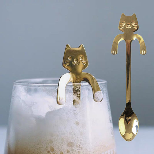 不銹鋼貓咪攪拌匙 - 金色 不銹鋼勺子可懸掛貓勺可愛咖啡勺攪拌勺馬克杯掛杯勺 沙律匙 叉