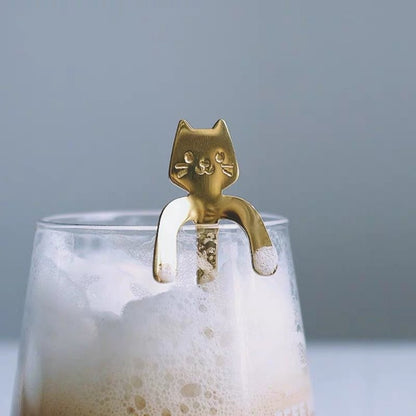 不锈钢猫咪搅拌匙- 金色不锈钢勺子可悬挂猫勺可爱咖啡勺搅拌勺马克杯挂杯勺沙律匙叉
