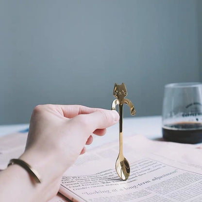 Stainless steel cat stirring spoon - golden stainless steel spoon, hanging cat spoon, cute coffee spoon, mixing spoon, mug hanging cup spoon, salad spoon and fork