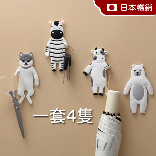 A set of 4 creative and cute animal-shaped hanging hooks for kitchen and bathroom storage without leaving traces on the wall (a set of 4 pieces), key hanging, toothbrush hanging, towel hanging, adhesive hook