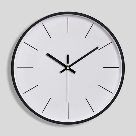 12-inch modern simple round silent wall clock creative fashion living room wall clock fashionable living room wall clock black frame white background electronic clock