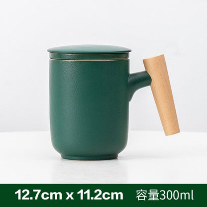 陶瓷泡茶杯帶蓋過濾水杯-木杯-墨綠色帶過濾- View 3-ManyMart 萬嚟買