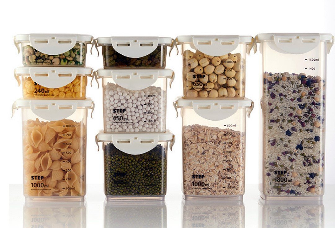 【9件套】日式塑料麵條豆類製品密封防潮保鮮盒子收納儲物套裝-可放雪櫃收納使用 密實盒 儲物盒