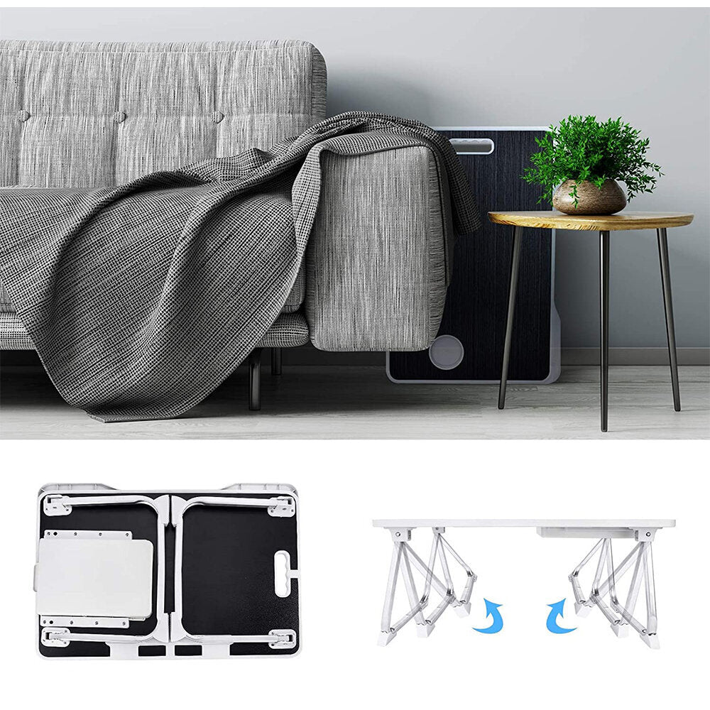 (60X40X28cm-Black) Foldable Computer Study Table Anti-slip Card Slot + Cup Slot + Handle + Drawer Table Monitor Shelf