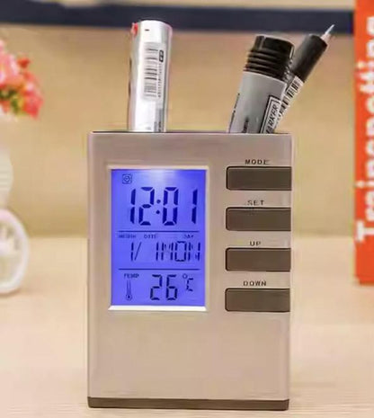 Perpetual Calendar Pen Holder Clock-White Electronic Clock