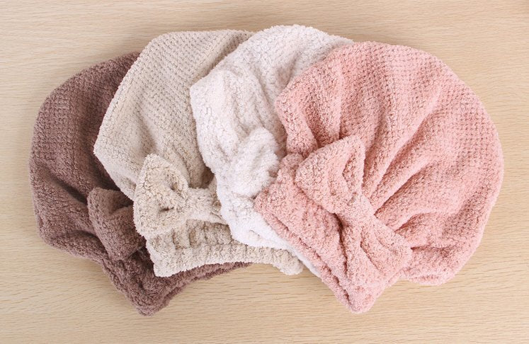 (Pink) Korean style cute bow knot beautiful material thickened super absorbent soft coral velvet dry hair towel hat