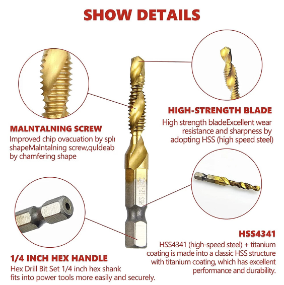 [6-piece set] High-speed steel hexagonal shank drill for drilling and deburring all-in-one composite tap drill bit for spiral machine tapping M3-M10 titanium plated