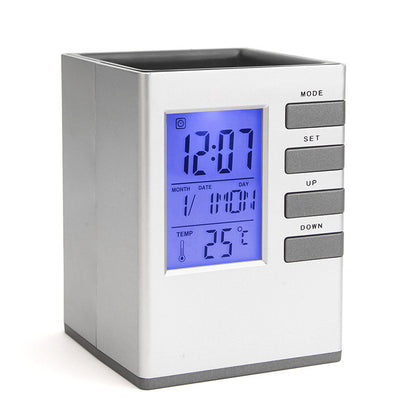 Perpetual Calendar Pen Holder Clock-White Electronic Clock