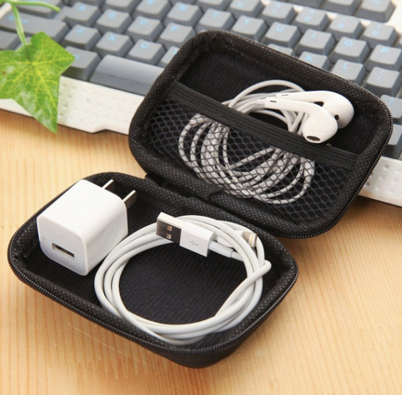 [Rectangular Black] Zippered Data Cable Headphone Storage Bag Storage Box Coin Purse Square Coin Bag Glove Box