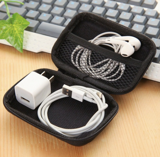 [Rectangular Black] Zippered Data Cable Headphone Storage Bag Storage Box Coin Purse Square Coin Bag Glove Box
