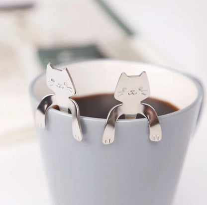 不銹鋼貓咪攪拌匙 - 銀色 不銹鋼勺子可懸掛貓勺可愛咖啡勺攪拌勺馬克杯掛杯勺 沙律匙 叉