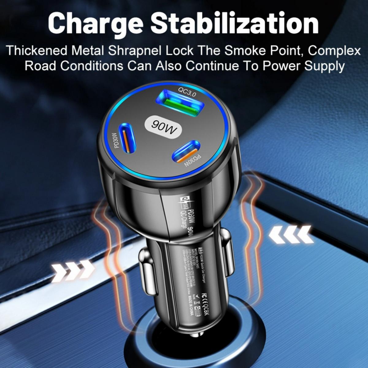 Three-in-one dual-line car charger 90W fast charging black car charger