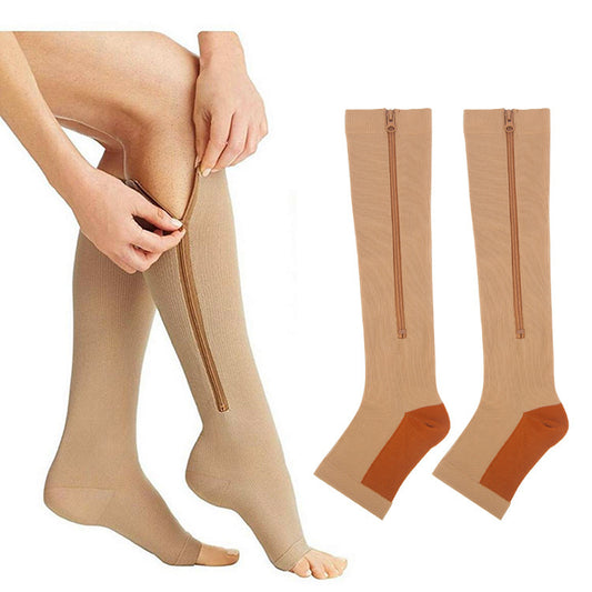運動壓力襪 壓縮拉鏈襪 長筒小腿彈力襪  銅款膚色
