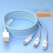 66W super fast charging macaron braided one-to-three data cable suitable for Apple Android TypeC charging cable