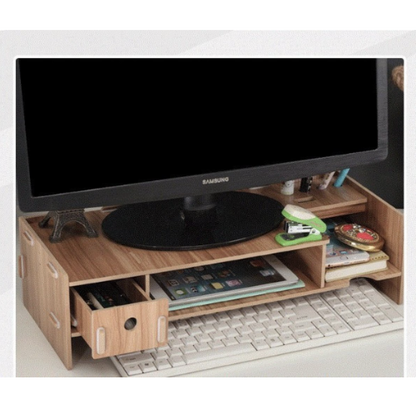 DIY電腦Monitor LCD屏幕升高台keyboard mouse收納適合Home Office（加厚版）有櫃桶 B 木色 電腦支架