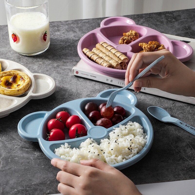 小麥稭稈卡通兒童分格餐盤 幼兒園學生餐具餐盤套裝 兒童碗碟