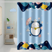 180x200cm 日系加长版防水印花浴帘(蓝色招财猫) 窗帘挡光帘隔离布