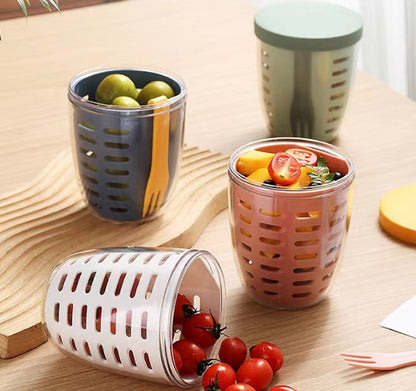 可瀝水果杯帶叉子便攜式野餐盒大容量收納捅塑料杯 藍色