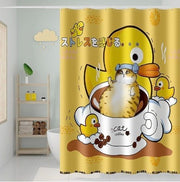 180x200cm 日系加长版防水印花浴帘(黄色猫浴)窗帘挡光帘隔离布
