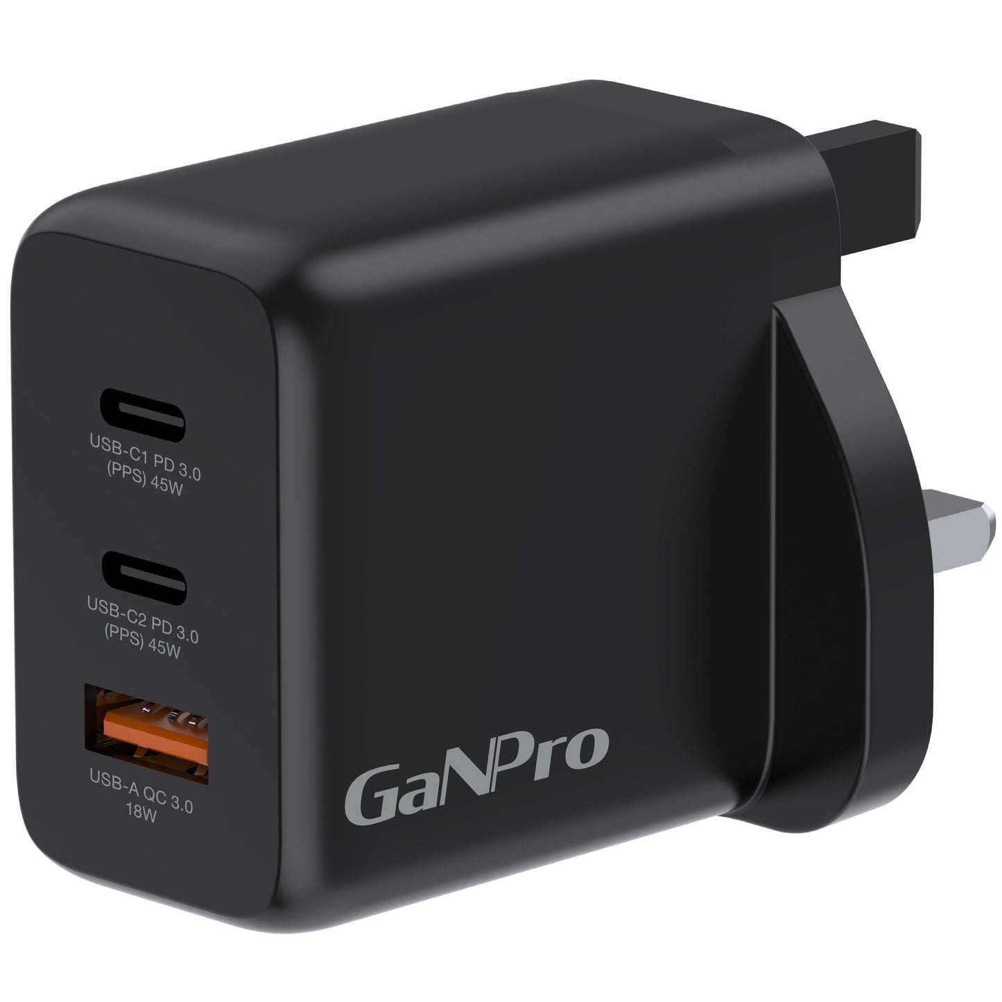 81063 黑色 3 端口 45W GAN Pro 迷你USB 快速充電器 PD 3.0 & QC 3.0 GaN 氮化鎵 快速充電器手機 平板 手提電腦 快充火牛- View 4-ManyMart 萬嚟買
