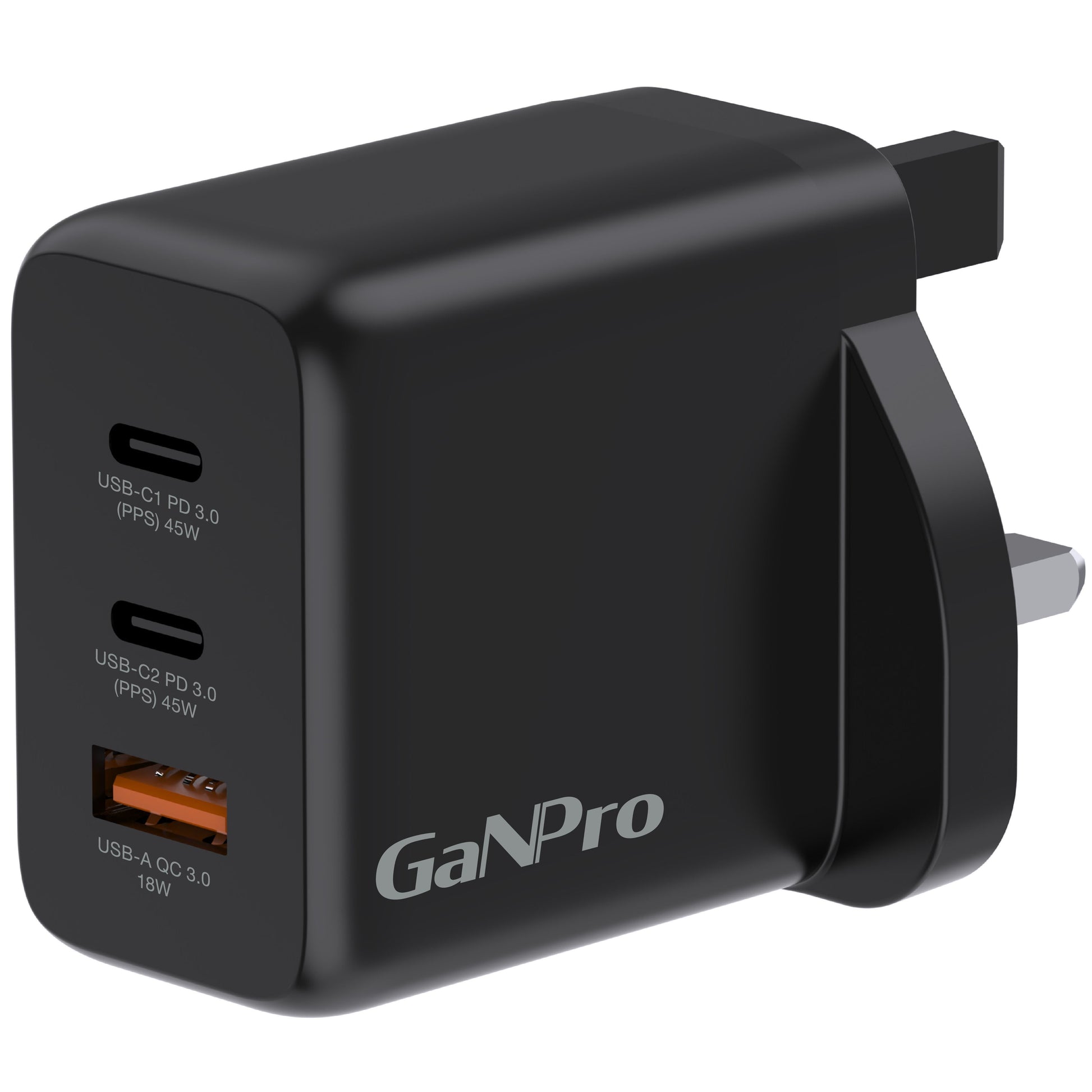 81063 黑色 3 端口 45W GAN Pro 迷你USB 快速充電器 PD 3.0 & QC 3.0 GaN 氮化鎵 快速充電器手機 平板 手提電腦 快充火牛- View 4-ManyMart 萬嚟買