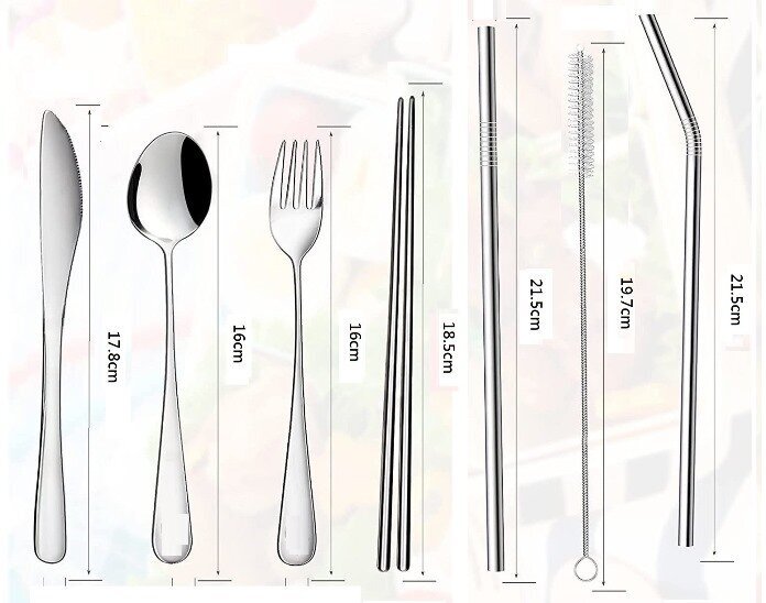 8件套裝 不鏽鋼輕巧餐具、飲管, 配收納袋 筷子 筷子架