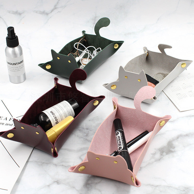 Nordic style cat leather storage tray car key loose silver eyes headphones watch jewelry earrings bracelet ring necklace cosmetics perfume lipstick stationery sundry storage tray change tray key storage box minimalist style desktop storage tray (grey)