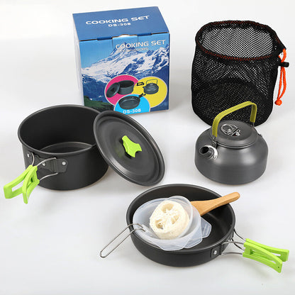 2-3 Person Anodized Aluminum Camping Cookware Set, Camping Teapot, Cooking Pot, Frying Pan, Hot Pot, Folding Cookware, Outdoor Stove Set, Cookware Camping Pot, Cookset, Outdoor Teapot Set with Accessories DS-308, Nine-Piece Portable Camping Cookware Set
