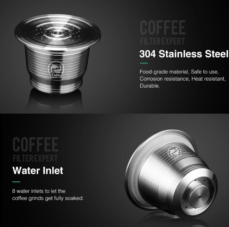 iCafilas 不銹鋼 可填充濃縮咖啡 Nespresso 咖啡過濾器膠囊殼 帶塑料勺 環保先鋒 不銹鋼可重用咖啡膠囊與配件，不含 BPA 咖啡壺