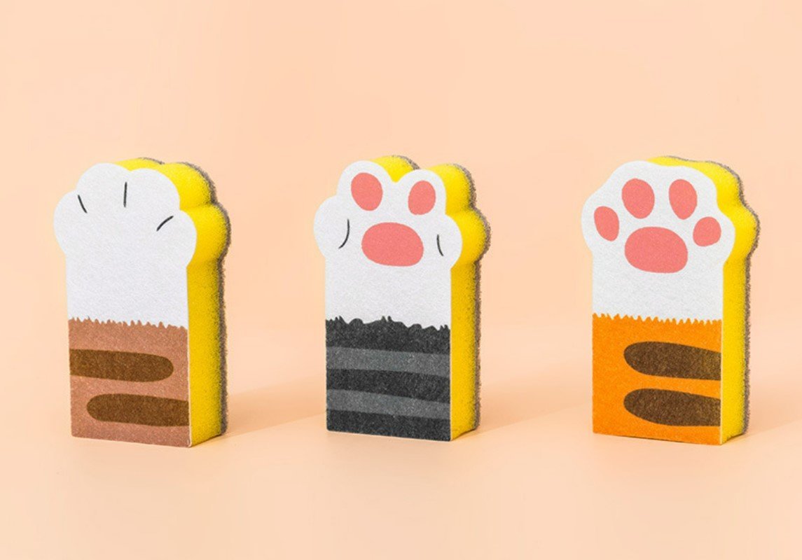 Set of 3 Cat Paw Scouring Pads for Kitchen and Bathroom Cleaning, Sponge for Dishes, Pots, and Pans