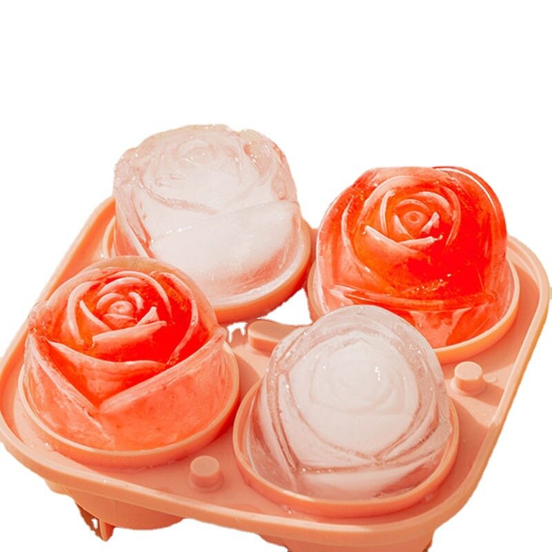 Rose flower ice cube mold frozen ice tray whiskey silicone ice making artifact rose flower shaped ice making box-peach powder 4 compartments