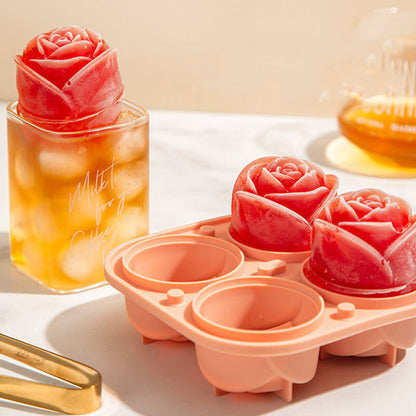 Rose flower ice cube mold frozen ice tray whiskey silicone ice making artifact rose flower shaped ice making box-peach powder 4 compartments