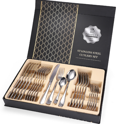 [24-piece set - silver] Stainless steel knife, fork and spoon cutlery set, knife, fork, spoon, tableware gift box, move-in gift, new year gift, new home gift, Christmas gift, holiday gift, party dinner tableware cutlery set