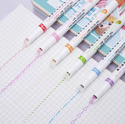 6-color linear roller seal highlighter color handbook curve pen flower-shaped wavy line handbook pen marking highlight highlighter pen
