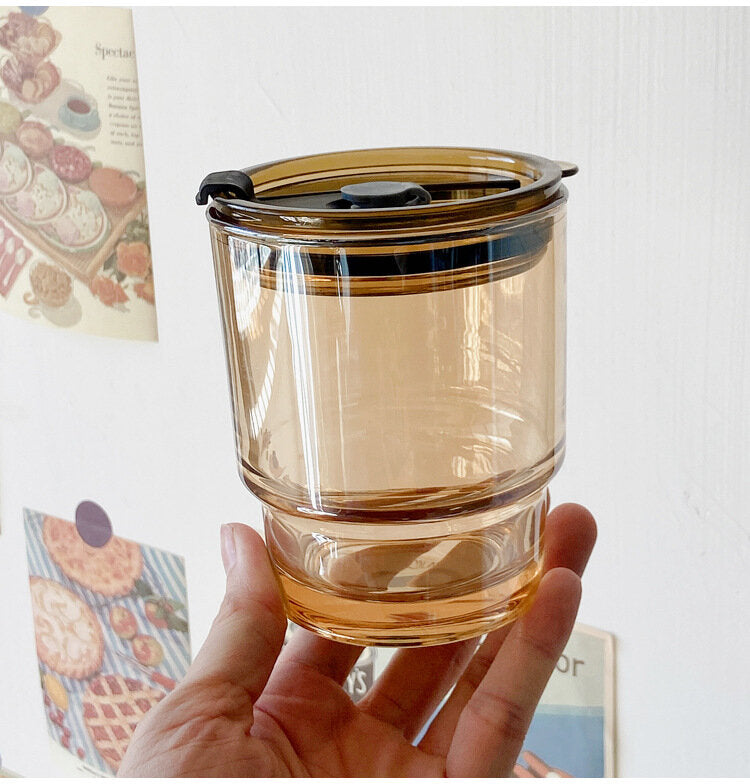 簡約吸管玻璃杯 (珀高竹節+茶色蓋+茶色吸管) 水杯
