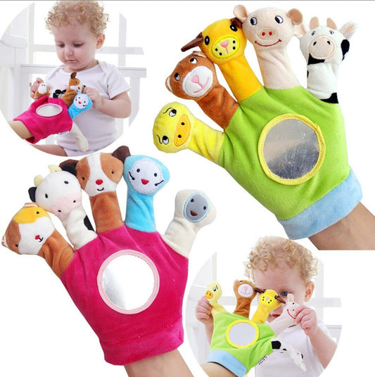 Baby cloth gloves, baby plush children's animal hand puppet covers, cloth comfort parent-child toys, green hand puppet anti-scratch gloves and foot covers