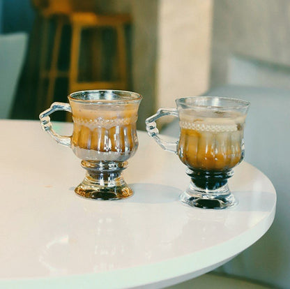 2隻 復古高貴浮雕琥珀茶色玻璃杯 咖啡杯