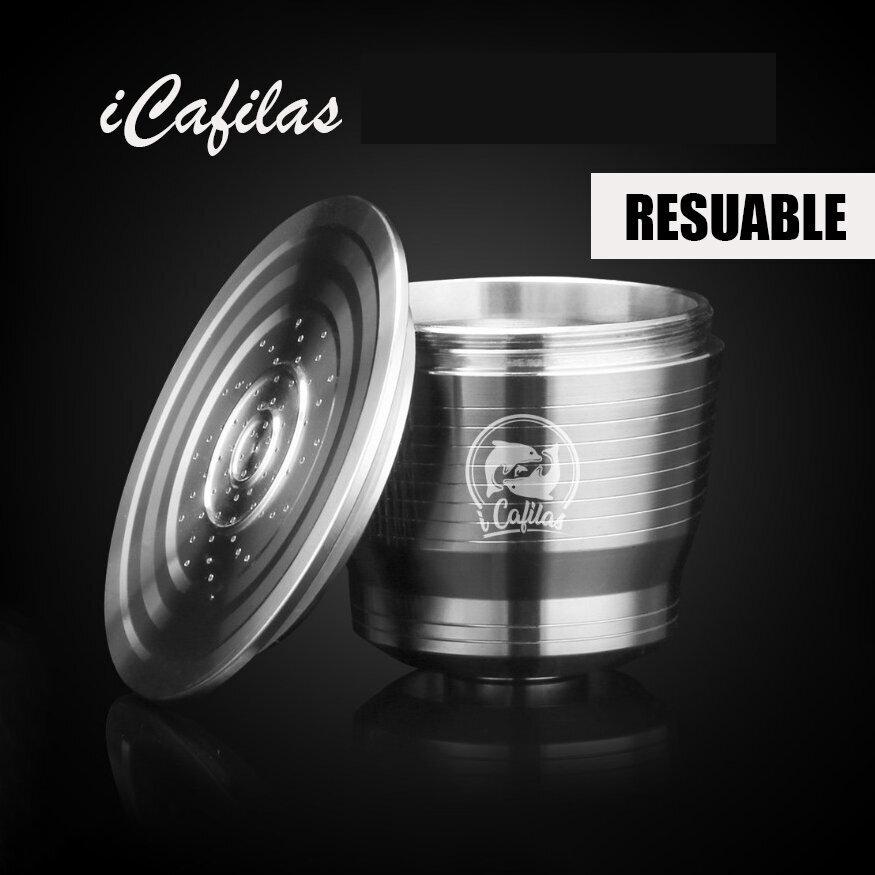 iCafilas Stainless Steel Refillable Espresso Nespresso Coffee Filter Capsule Case with Plastic Spoon Eco-Friendly Pioneer Stainless Steel Reusable Coffee Capsules and Accessories, BPA Free Coffee Pot