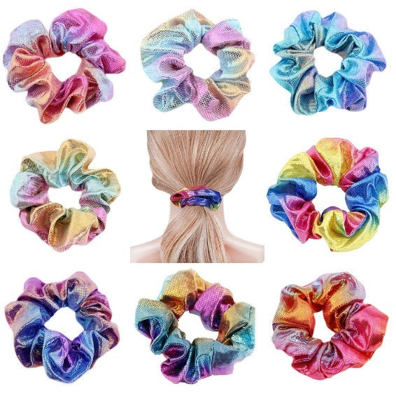 [8-pack] Metal Rainbow Fabric Hair Tie Hot Stamping Laser Head Flower Hair Tie