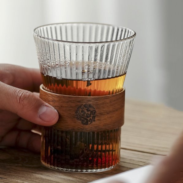 日式透明玻璃水杯-豎紋杯+隔熱套 320ml 日式耐熱壓紋玻璃杯  水杯茶杯咖啡杯 320ML 水杯