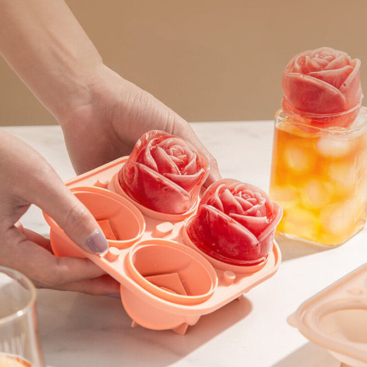 瑰花冰塊模具凍冰格威士忌矽膠制冰神器玫瑰花造型制冰盒-蜜桃粉4格